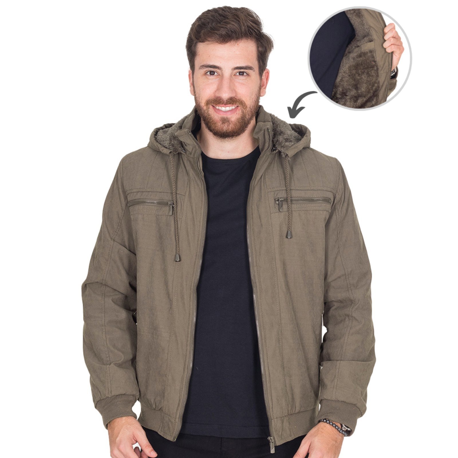 Jaqueta Puffer Masculina Corta Vento Leve com Bolsos e Capuz