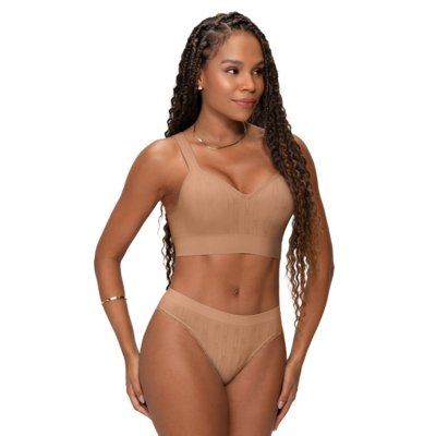 Calcinha Biquíni Anatômico Jacquard com Renda sem Costura Bege