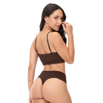 Calcinha Fio com Renda Cós Alto Marrom