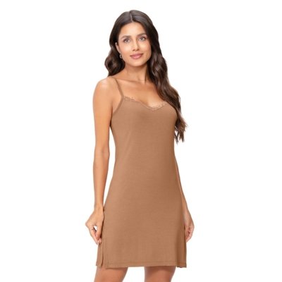 Camisola Feminina Bege com Alças e Renda em Viscose