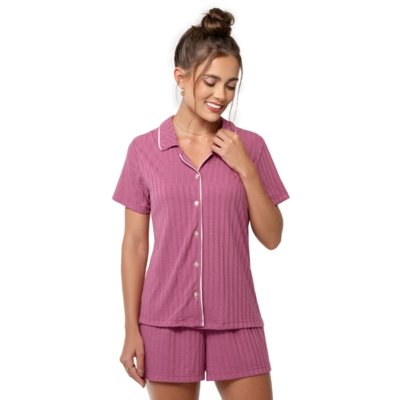 Pijama Curto Abertura Frontal com Botões Dusty Pink Zee Rucci