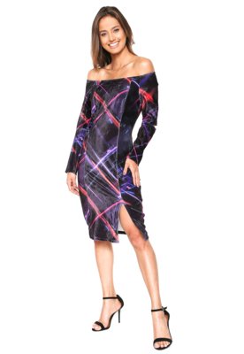 Vestido dimy Midi Veludo Estampado Preto Menor preço em Vestido dimy Midi Veludo Estampado Preto