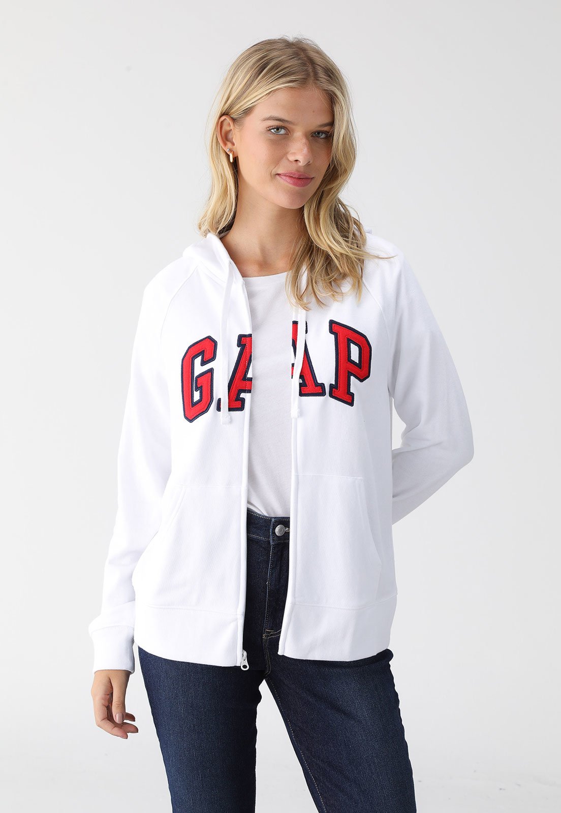 Blusa de Moletom com Capuz Flanelada Aberta GAP Reta Logo Branco Blusa de Moletom com Capuz Flanelada Aberta GAP Reta Logo Branco