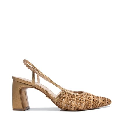 Sandalia Maithe Couro Dourado Salto Bloco  Maithe Caramelo - Marca Maithe