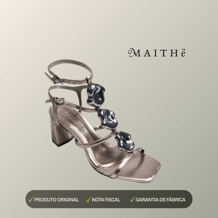 Sandalia Maithe Couro Salto Bloco  Maithe Prata Velho - Marca Maithe