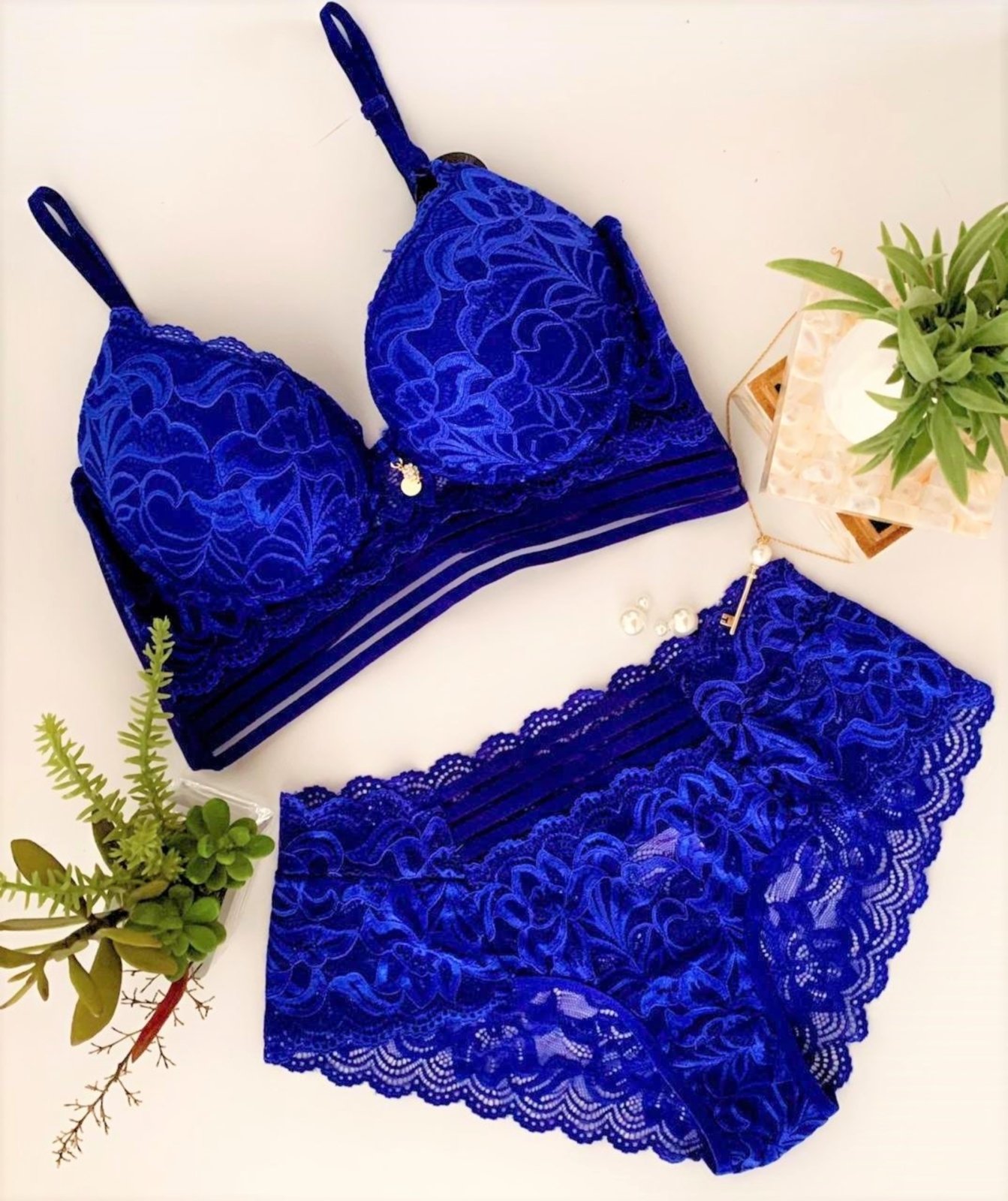 Conjunto Água Viva Lingerie Rendado com detalhe em elástico Azul Royal Compre Agora Dafiti